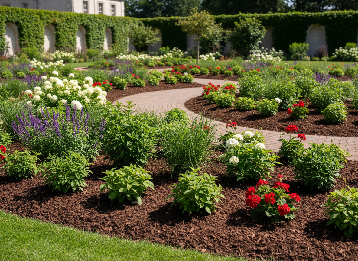 A clean flower bed with all weeds removed, fresh mulch, and no hands or tools visible. The scene shows neat garden soil, tidy plant beds, and lush greenery to represent the service of pulling weeds and cleaning up garden beds. No people or hands are in the image.