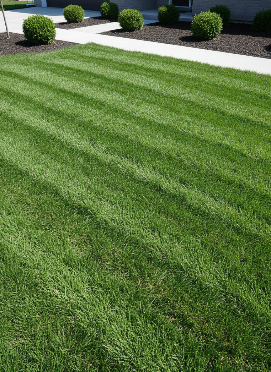 A perfectly manicured lawn with lush, deep green grass bordered by neat, crisp edges, forming sharp lines against a clean concrete path. The freshly mowed stripes are visible, highlighting the smooth texture and healthy vibrance of the turf. In the background, simple garden beds with dark, rich mulch provide contrast, dotted with neatly trimmed small shrubs. The lighting is bright midday sunlight, casting minimal soft shadows and revealing every detail in high clarity. The overall mood is clean, fresh, and honest, evoking reliability and affordability. Captured from an eye-level perspective with sharp focus throughout, framed using the rule of thirds to emphasize the expanse of the lawn. The artistic style is realistic and minimal, balancing vibrancy with a simple, approachable aesthetic ideal for a professional landscaping site.