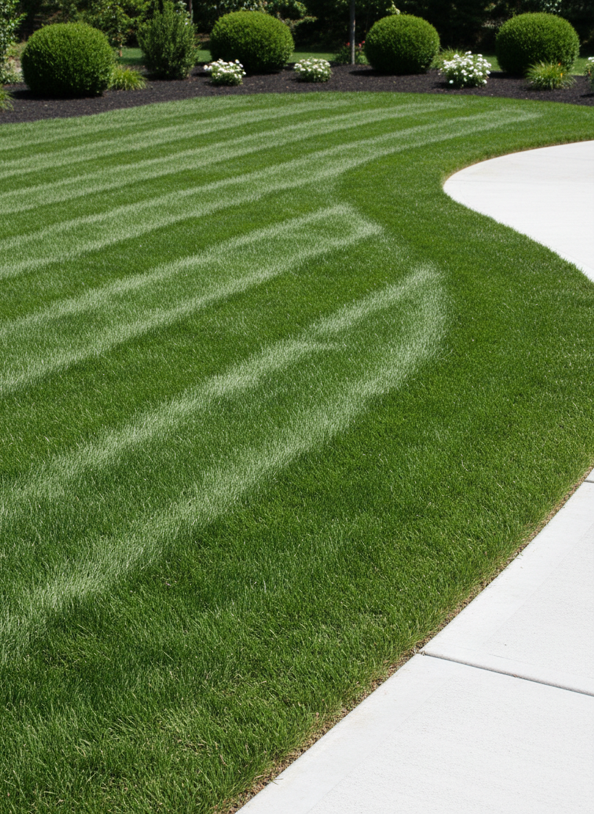 A perfectly manicured lawn with lush, deep green grass bordered by neat, crisp edges, forming sharp lines against a clean concrete path. The freshly mowed stripes are visible, highlighting the smooth texture and healthy vibrance of the turf. In the background, simple garden beds with dark, rich mulch provide contrast, dotted with neatly trimmed small shrubs. The lighting is bright midday sunlight, casting minimal soft shadows and revealing every detail in high clarity. The overall mood is clean, fresh, and honest, evoking reliability and affordability. Captured from an eye-level perspective with sharp focus throughout, framed using the rule of thirds to emphasize the expanse of the lawn. The artistic style is realistic and minimal, balancing vibrancy with a simple, approachable aesthetic ideal for a professional landscaping site.
