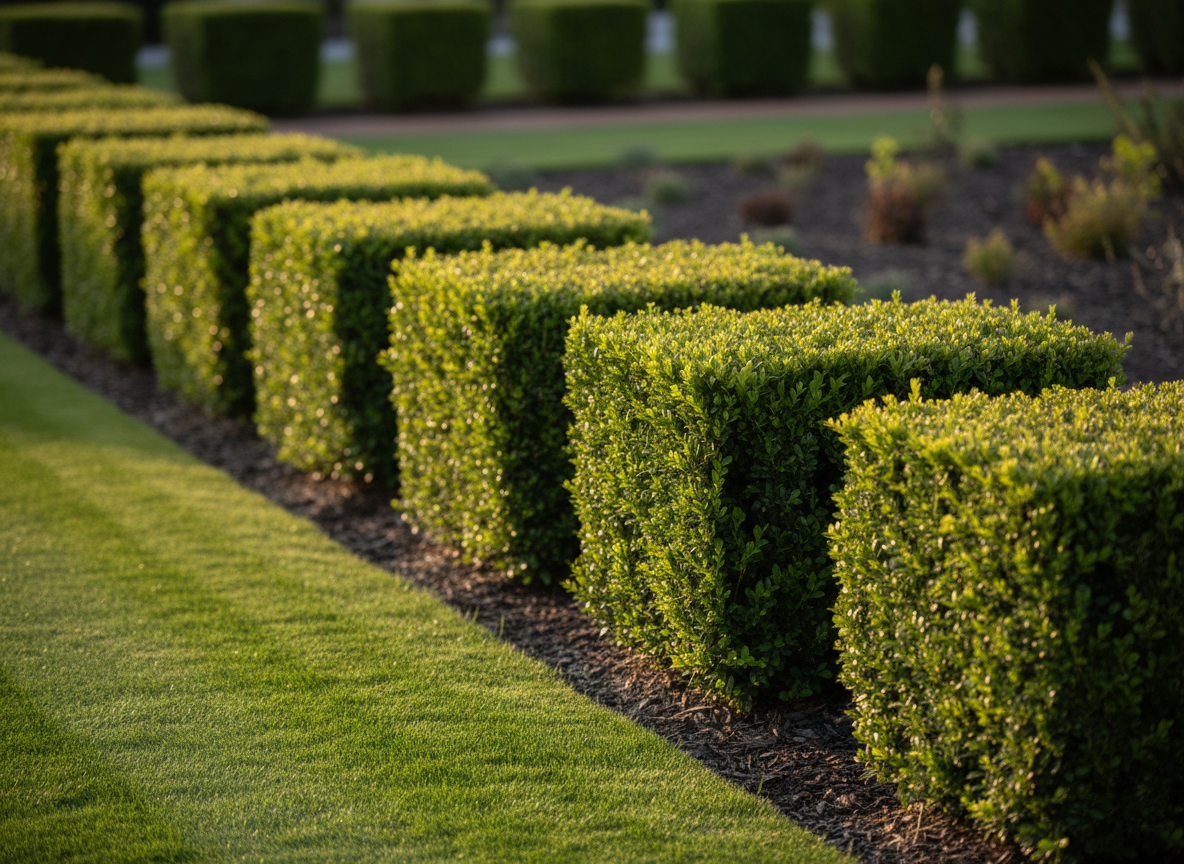 Freshly mulched flower beds with crisp stone edging beside a healthy green lawn, small shrubs and seasonal flowers arranged neatly to show a full clean-up and bed refresh.