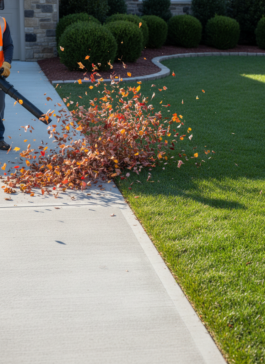 A dynamic scene of scattered autumn leaves in vibrant reds, oranges, and golds being expertly blown from a clean driveway onto a lawn with a deep, uniform green color. The motion of the leaves is captured in mid-air, creating a lively effect, while the clean section of the drive and crisp lawn edge underline the completed work. The lighting is bright, clear morning sun, accentuating each leaf’s color and the fresh appearance of the cleared area. The composition uses an asymmetrical balance with the main action in the foreground and a trimmed shrub bed visible in the background. The tone is energetic and efficient, with a sharp, contemporary realistic style, perfectly embodying reliable, affordable clean-up services.